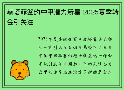 赫塔菲签约中甲潜力新星 2025夏季转会引关注