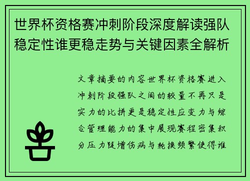 世界杯资格赛冲刺阶段深度解读强队稳定性谁更稳走势与关键因素全解析