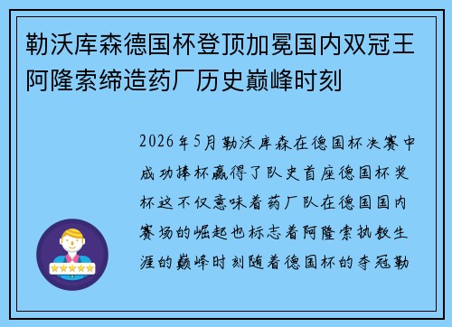 勒沃库森德国杯登顶加冕国内双冠王阿隆索缔造药厂历史巅峰时刻