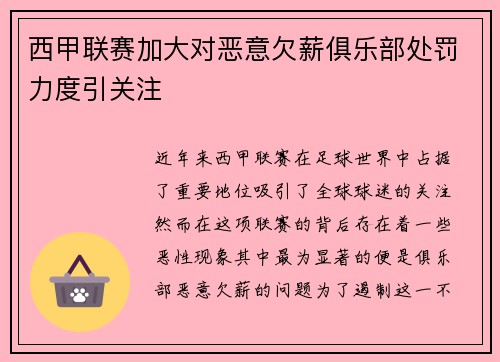 西甲联赛加大对恶意欠薪俱乐部处罚力度引关注 西甲联赛加大对恶意欠薪俱乐部处罚力度引关注